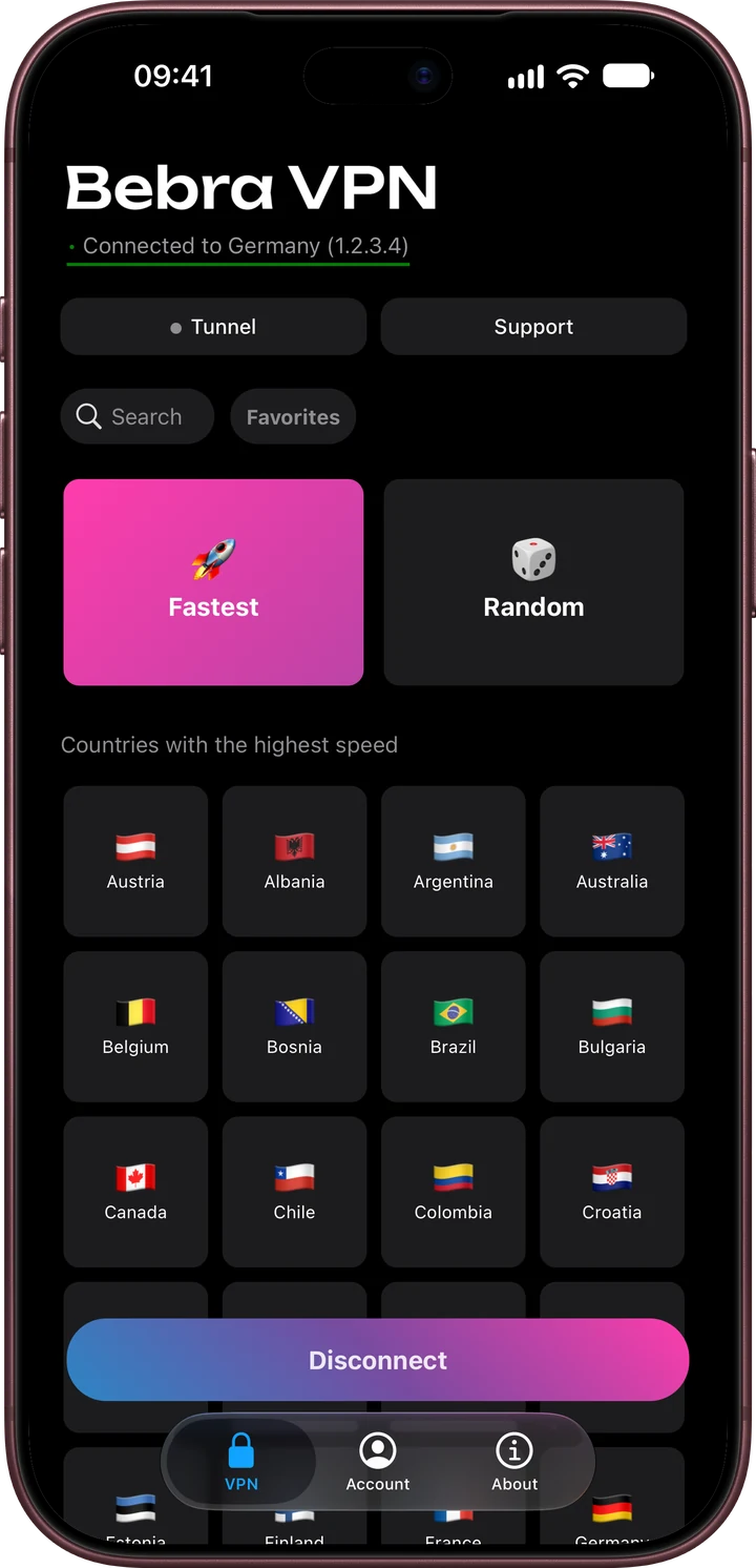 Bebra VPN on iPhone: the main screen with the Fastest and Random tiles and a grid of countries
