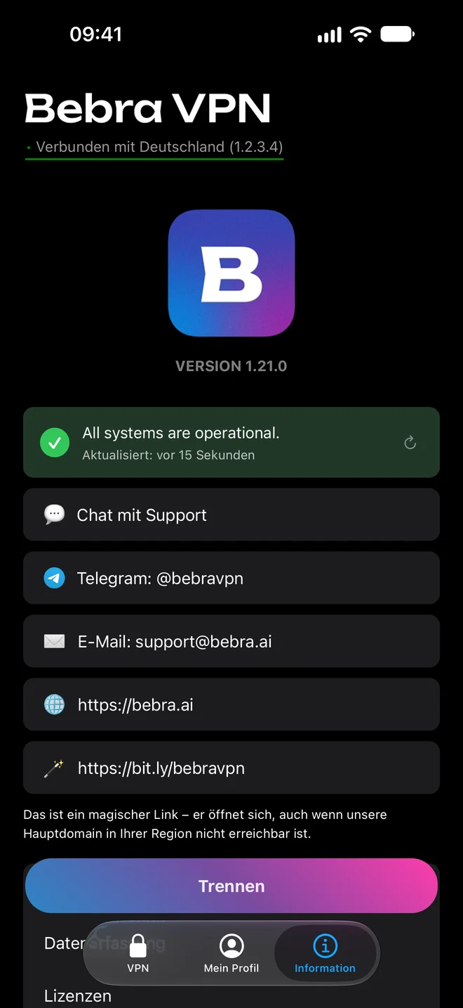 Der Tab „Information“ von Bebra VPN auf dem iPhone: Dienststatus, Chat mit dem Support, Telegram, E-Mail und Website