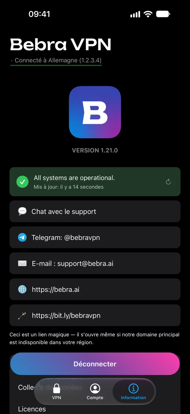 L’onglet « Information » de Bebra VPN sur iPhone : état du service, chat avec le support, Telegram, e-mail et site web
