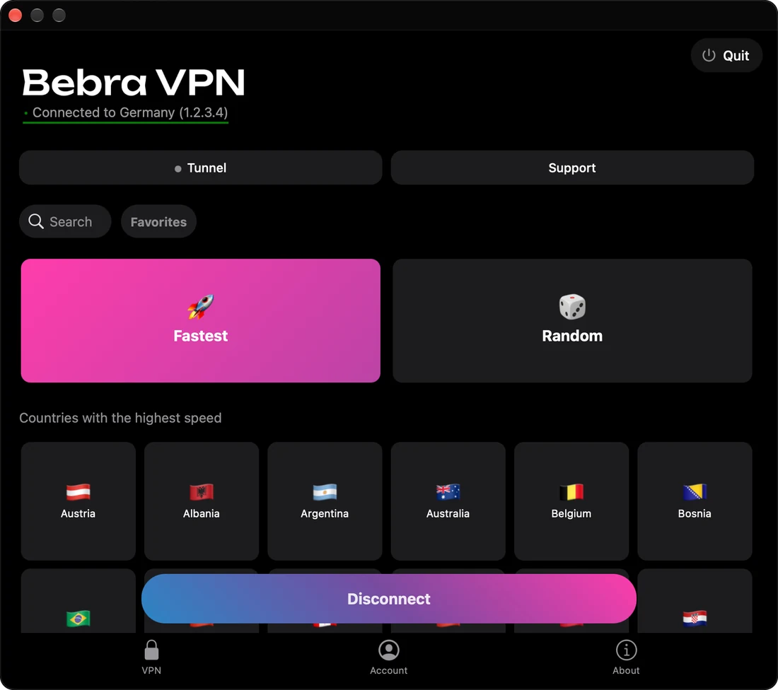 The Bebra VPN app: the Fastest and Random tiles above the grid of countries